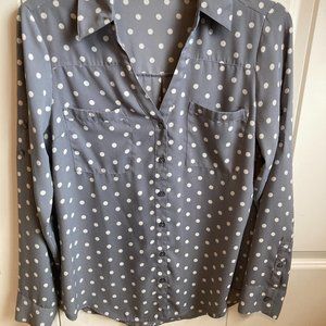 Express Portofino Shirt Blouse Top Gray and White Polka Dot Women's Size S/P